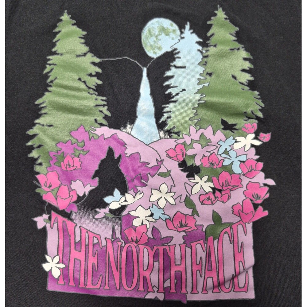 The North Face Womens XS T Shirt Graphic Floral Waterfall Moon Black Tee EUC - Picture 6 of 10